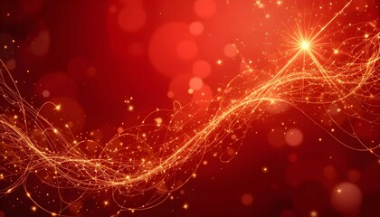 Obraz premium Elegant Red Sparkling Background with Glowing Stars and Wave-Like Light Effects - Festive and Vibrant