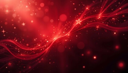 Elegant Red Sparkling Background with Glowing Stars and Wave-Like Light Effects - Festive and Vibrant