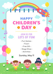 Happy Children's Day Poster invitation vector illustration. Children in the flower field with balloons flying