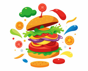 Exploded Burger Diagram with Vibrant Ingredients Floating – Fun and Detailed Food Illustration