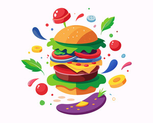 Exploded Burger Diagram with Vibrant Ingredients Floating – Fun and Detailed Food Illustration