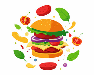 Exploded Burger Diagram with Vibrant Ingredients Floating – Fun and Detailed Food Illustration