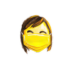 Happy face with yellow mask in cartoon style, isolated on white background  with clipping path
