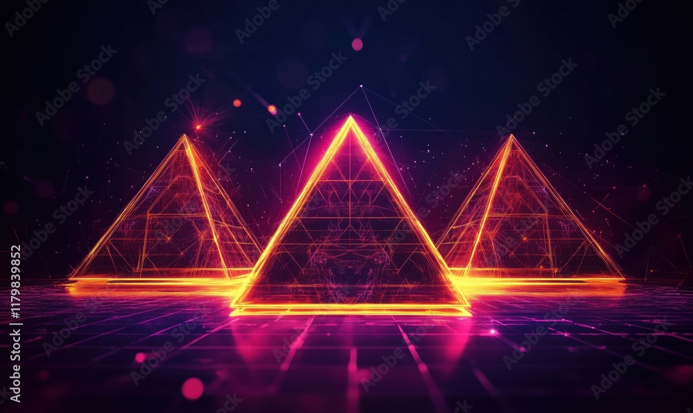 Poster neon geometric pyramids glowing in digital space with vibrant colors and intricate patterns, showcas
