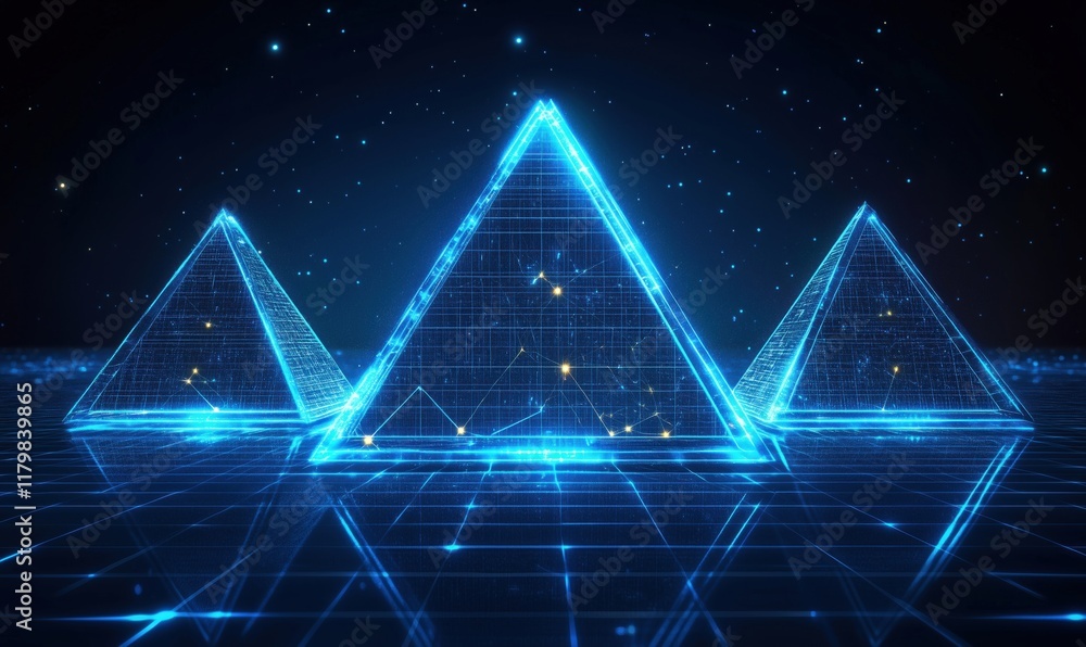 Poster futuristic glowing pyramids in digital space with starry background and grid reflection, showcasing 