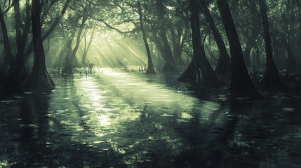 Fototapeta premium A serene swamp landscape with sunlight filtering through dense trees and reflecting on water.
