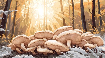 Natural mushrooms surrounded by moss and earthy tones, forming a tranquil and nature-inspired backdrop, book illustration style