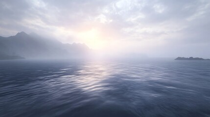 Fototapeta premium A serene view of the ocean at dawn, with soft light reflecting on calm waters.