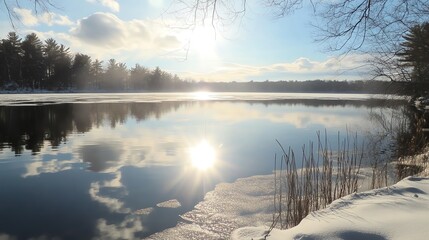 A serene winter scene with a tranquil lake reflecting sunlight and snowy surroundings.