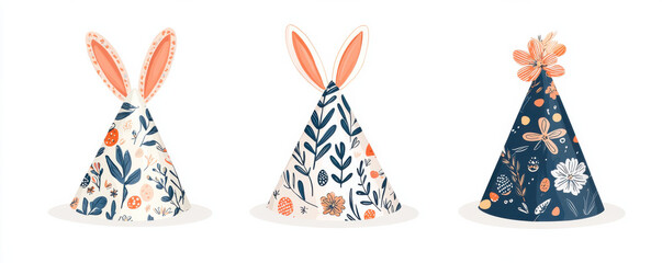 Obraz premium Easter themed party hats with floral patterns and bunny ear designs on white background