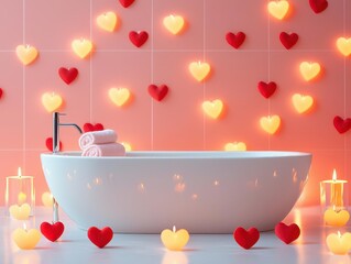 Naklejka premium Freestanding tub surrounded by heartshaped tiles and glowing candlelight, luxurious romance, Valentines detail, serene design