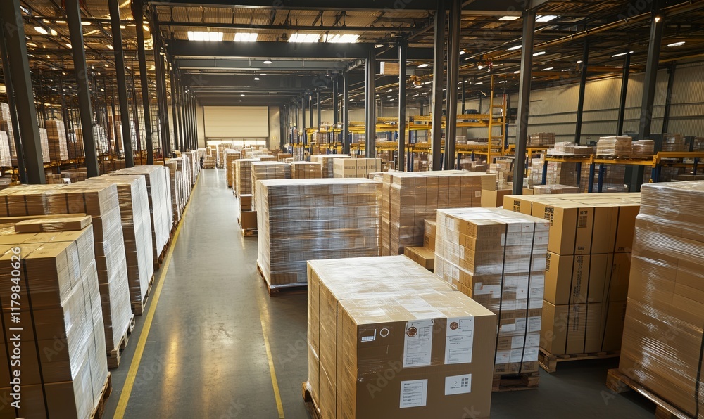Poster warehouse filled with neatly stacked cardboard boxes on pallets, organized storage space, efficient 