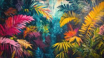 Vibrant Tropical Palm Leaves Lush Impasto Painting