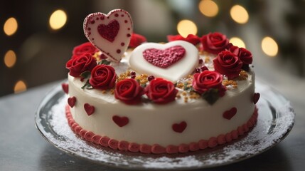 A decorative Valentine's Day cake adorned with edible roses and a heart-shaped topper