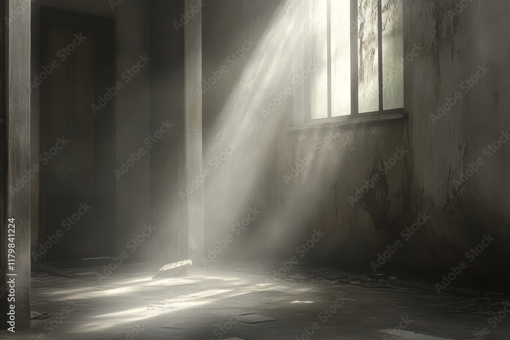 Poster sunlight streaming through dusty window in abandoned building, creating mysterious atmosphere with l