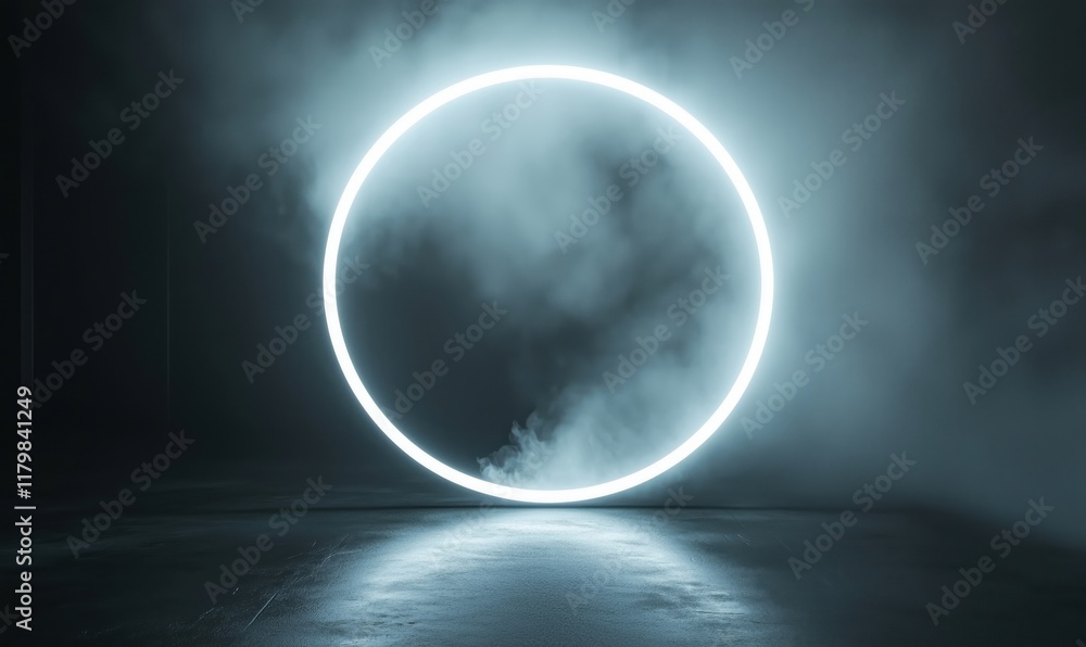 Poster illuminated circular neon light in dark foggy environment creating ethereal atmosphere with reflecti