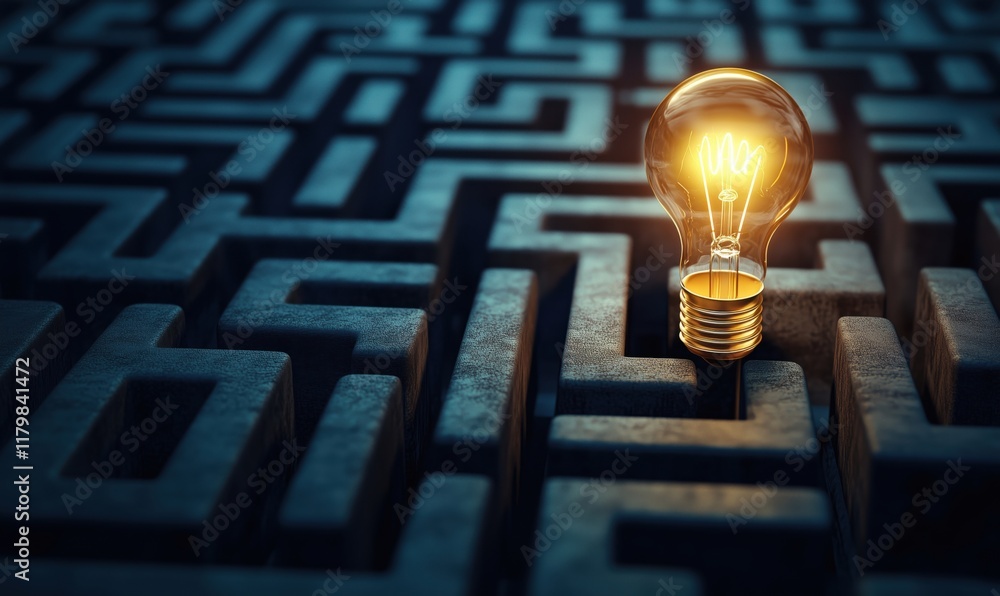 Aufkleber illuminated light bulb symbolizing ideas and solutions in complex maze, representing creativity and 