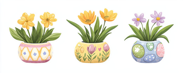 Three colorful spring flower pots with vibrant floral designs and blooming flowers