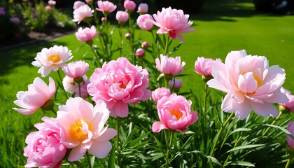 Pink Peony Blooms Garden Lush Green Grass Sunny Day