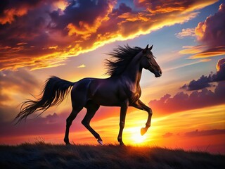 Majestic Horse Silhouette at Sunset, Deep Depth of Field Stock Photo