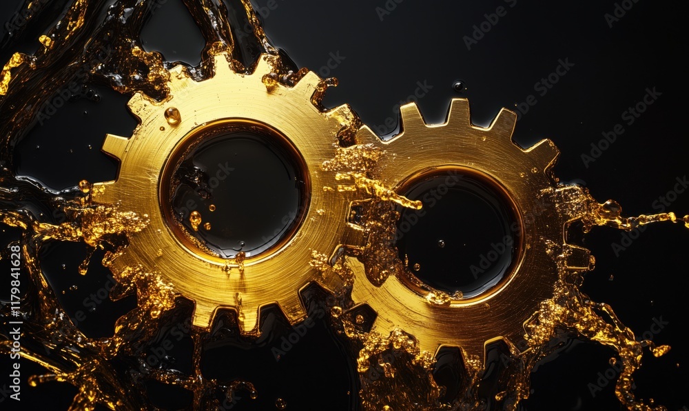 Poster golden gears splashing in liquid, showcasing intricate design and dynamic motion, perfect for indust