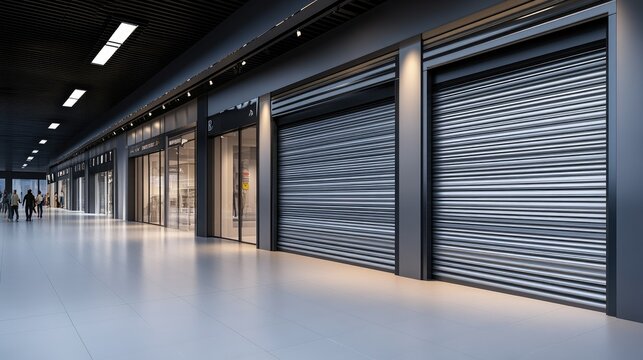 Shopping center corridor with closed roller shutters and minimal foot traffic in a modern urban setting during early evening hours