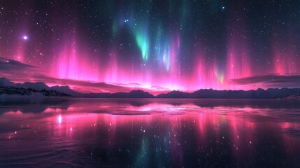 Vibrant aurora borealis reflected in a calm lake at night.
