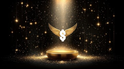 Golden Wings Dollar Symbol on Glittering Podium Luxury Wealth Success Concept