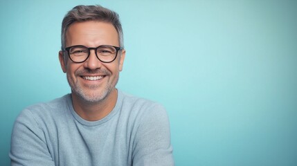 Obraz premium Smiling Man with Blue Background Space