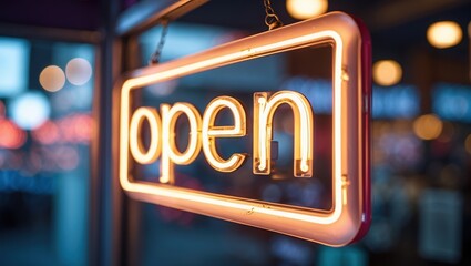 Warm Yellow Neon Open Sign in Storefront Window