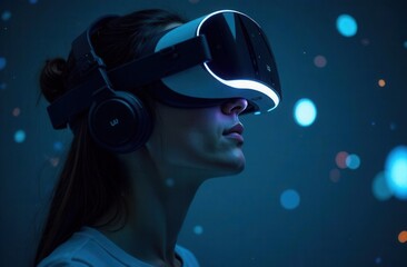 virtual reality experience powered by AI technology, darkened room with headset, close-up of the user's expression, floating digital elements around the user