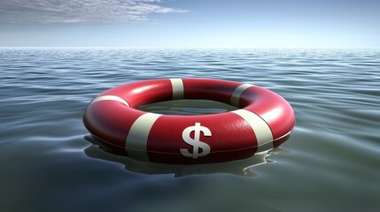Naklejka premium Financial Lifeline Red Life Ring with Dollar Sign in Calm Ocean Waters
