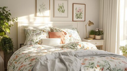 Cozy spring home décor with floral bedding and soft natural light in a stylish bedroom copy space