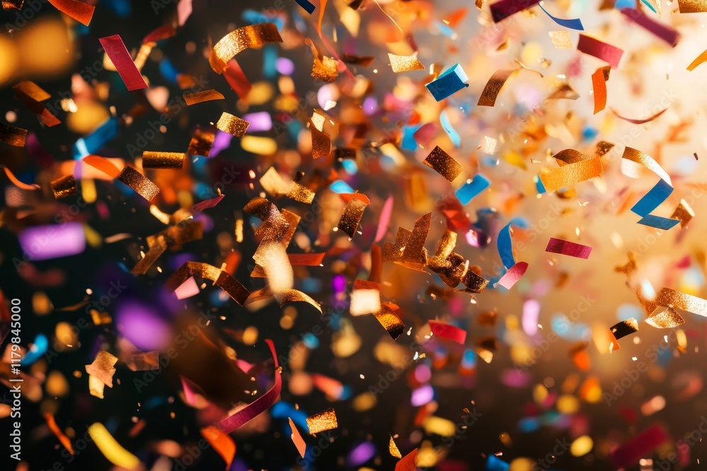 Poster vibrant colorful confetti burst in a celebration setting with soft focus background creating a festi