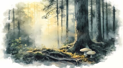Natural mushrooms surrounded by moss and earthy tones, forming a tranquil and nature-inspired backdrop, book illustration style