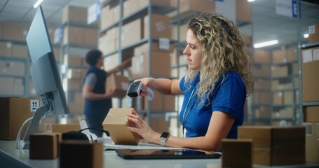Female logistics specialist scans parcel using barcode scanner, checks data using computer. Sorting...