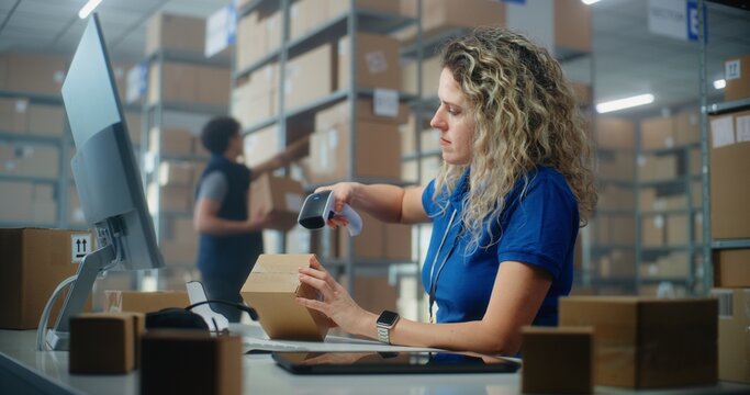 Female logistics specialist scans parcel using barcode scanner, checks data using computer. Sorting center employees checking cardboard boxes for shipping to clients. Load department of postal service
