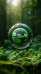 Net zero energy solutions concept. A transparent sphere with "Net Zero" displayed inside, surrounded by lush greenery, symbolizes sustainability and environmental awareness.