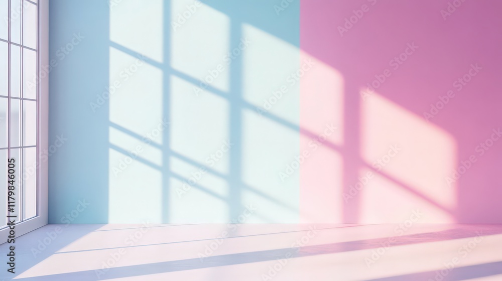Poster sunlit interior with pastel walls and window shadows creating abstract patterns