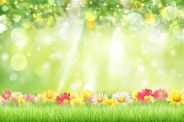 Vibrant Floral Background with Colorful Flowers, Soft Bokeh Effect, and Lush Green Grass, Perfect for Spring and Nature-Themed Designs