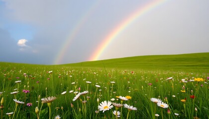Naklejka premium Rainbow Over Wildflower Meadow Daisies Green Hills Scenic View