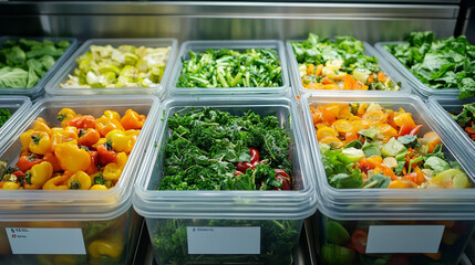 Obraz premium Fresh vegetables in clear containers, including peppers, greens, and herbs, arranged neatly in display. vibrant assortment showcasing healthy eating options