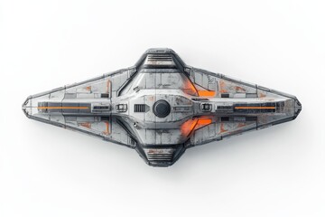 Fototapeta premium A 3D illustration of an aged, scratched metal spaceship, isolated on a white background. This science fiction vehicle, colored in white and orange, is designed for space wars and features a single