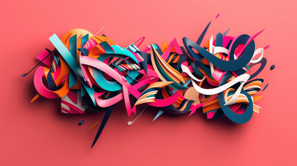 A bold poster design featuring dynamic 3D text intertwined with abstract geometric shapes