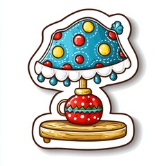 Whimsical Colorful Table Lamp Sticker Blue Red Dotted Shade Cartoon Style Illustration