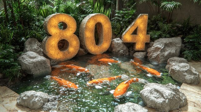 Illuminated 804 Room Number Sign by Koi Pond in Lush Lobby.