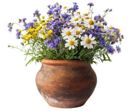 Colorful bouquet of wildflowers in a rustic clay pot, white isolate background.