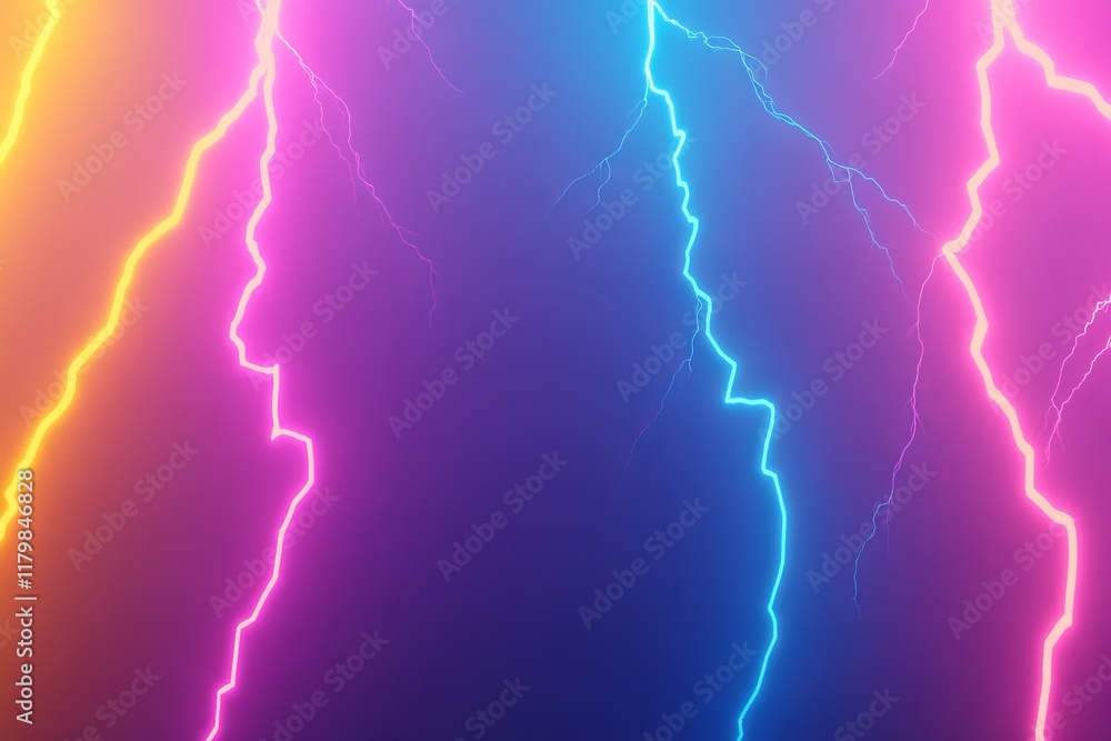 Poster vibrant neon lightning strikes in vivid colors against a dark background, creating an electrifying a