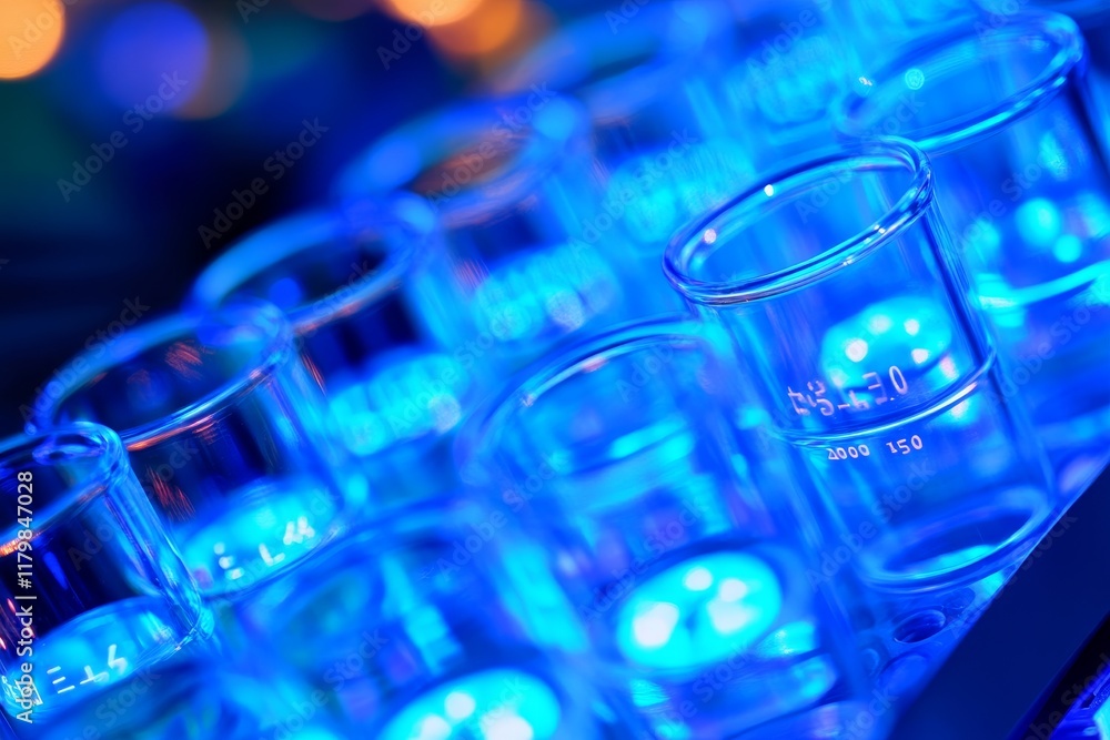 Poster vibrant scientific research setting with illuminated beakers in a laboratory environment showcasing 