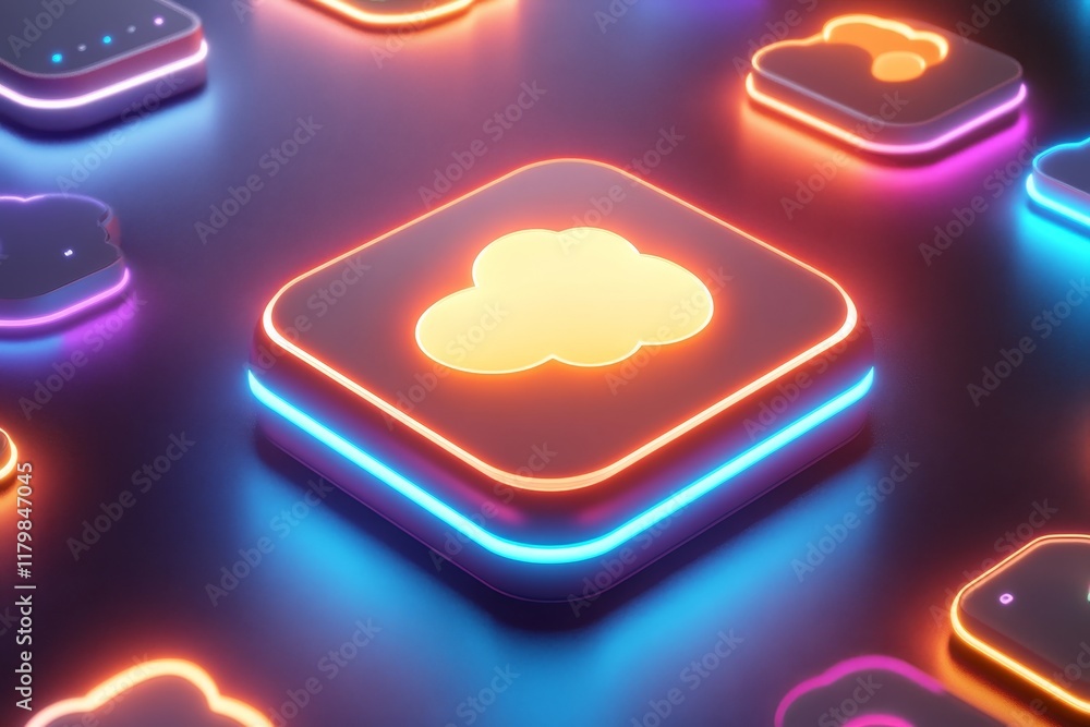 Poster vibrant neon cloud icons with glowing edges on a dark background, perfect for technology and digital
